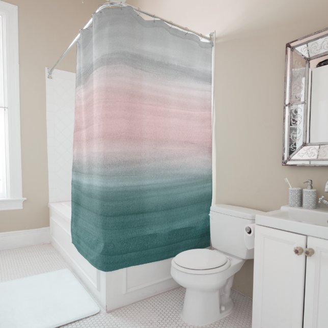 Rideaux De Douche Toucher l'aquarelle grise brillante Turquoise Abst (En situation)