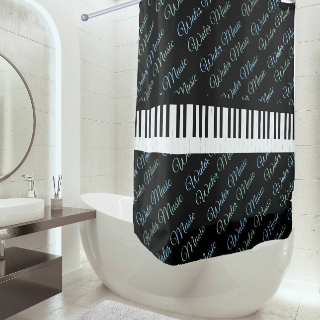Rideaux De Douche Touches de piano Water Music (A shower curtain patterned with 'Water Music' in script typography, with piano keys round the middle)