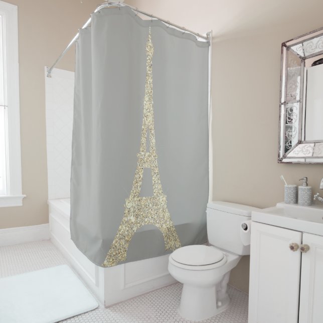 Rideaux De Douche Tour Eiffel Paris Faux Glam Cristaux Gris Or (En situation)