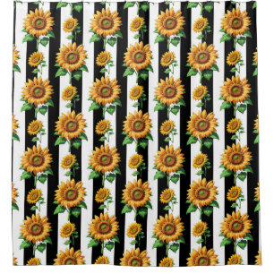 Rideaux De Douche Tournesol Floral noir blanc rayures