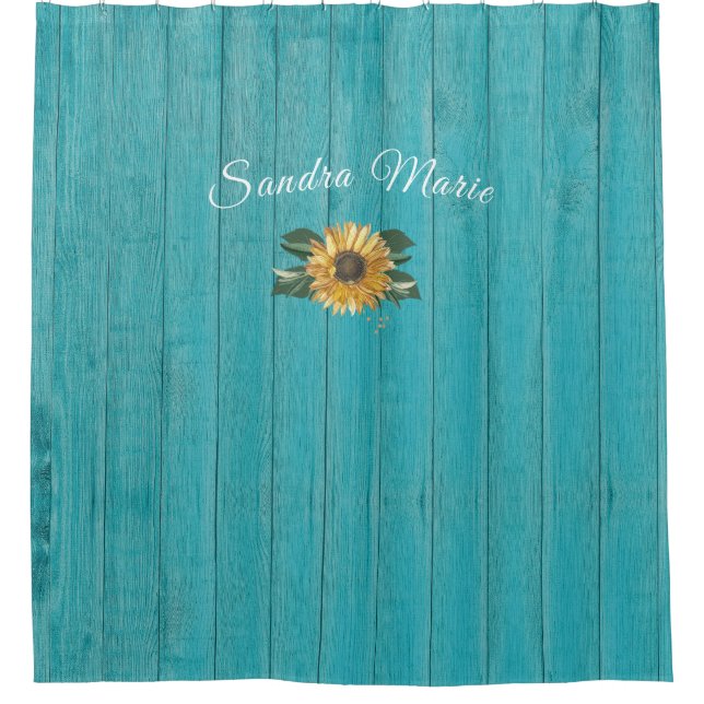 Rideaux De Douche Tournesol jaune doré rustique Bois Turquoise | (Devant)