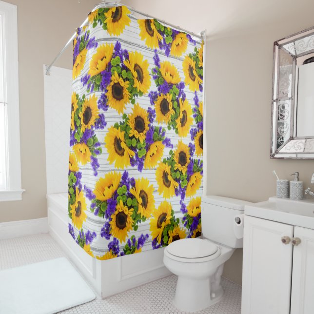 Rideaux De Douche Tournesol jaune pourpre en bois blanc rustique de (En situation)