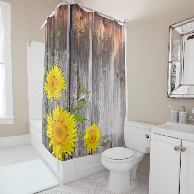 Rideaux De Douche Tournesols rustiques et bois de Barnwood (En situation)