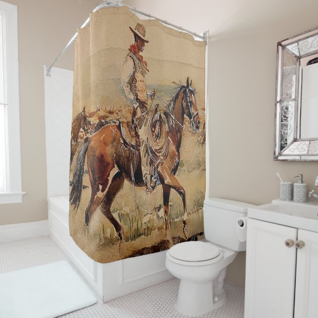 Rideaux De Douche "Trail Drive" 2 Western Art par Edward Borein (En situation)