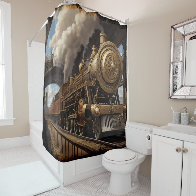 Rideaux De Douche Train Steampunk et pont victorien (En situation)