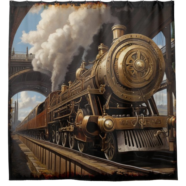 Rideaux De Douche Train Steampunk et pont victorien (Devant)