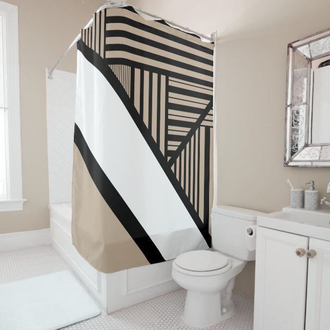 Rideaux De Douche Triangle - Taupe, noir et blanc (En situation)