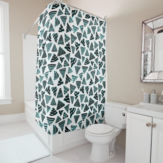 Rideaux De Douche Triangles 240121 - Noir et bleu glace sur blanc (En situation)