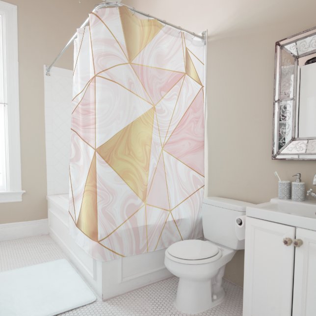 Rideaux De Douche Triangles géométriques en marbre rose et or (En situation)