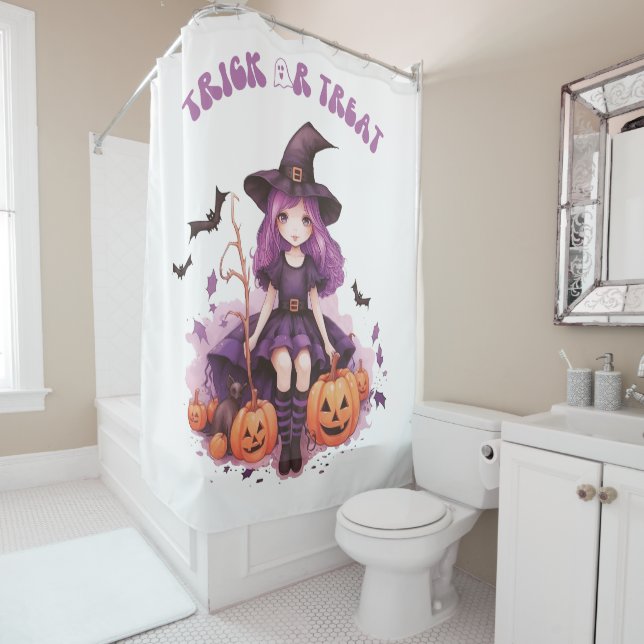 Rideaux De Douche Trick ou traiter la sorcière violette Citrouilles  (En situation)