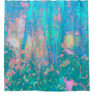 Rideaux De Douche Trippy Aqua Sunrise avec des fleurs psychédéliques