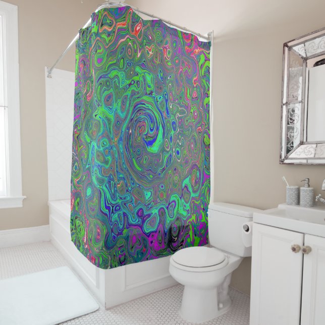 Rideaux De Douche Trippy Chartreuse et Blue Retro Liquid Swirl (En situation)