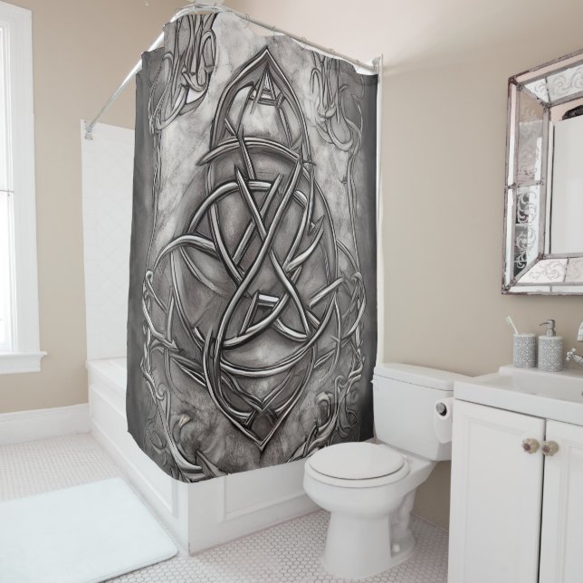 Rideaux De Douche Triquetra Trinity Knot Silvery Pewter Faux Metal (En situation)