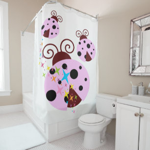 Rideaux De Douche Trois coccinelle rose et noire avec étoiles