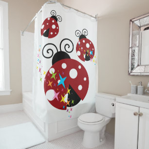 Rideaux De Douche Trois coccinelle rouge et noire avec étoiles