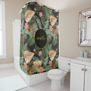 Rideaux De Douche Tropical Green Palm Feuilles Monogramme noir