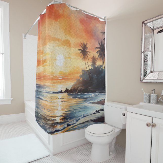 Rideaux De Douche Tropical Island Ocean Beach Sunset (En situation)