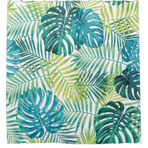 Rideaux De Douche Tropical leaf design featuring green/blue palm and