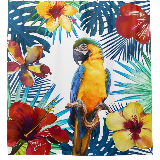 Rideaux De Douche Tropical Macaw Parrot Jaune Turquoise Rouge Plage  (Devant)