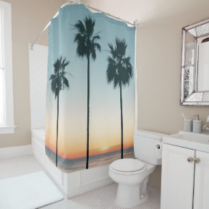 Rideaux De Douche Tropical Turquoise & Orange Sunset Palm Tree Silho