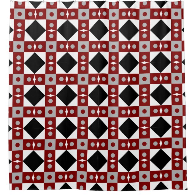 Rideaux De Douche Tuiles géométriques en rouge, noir et blanc (Devant)