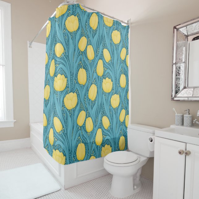 Rideaux De Douche Tulipes en bleu et jaune (En situation)