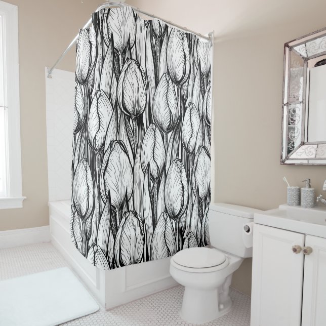 Rideaux De Douche Tulipes en noir et blanc (En situation)