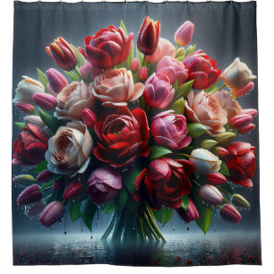 Rideaux De Douche "Tulipes pluvieuses et Bouquet Rose"