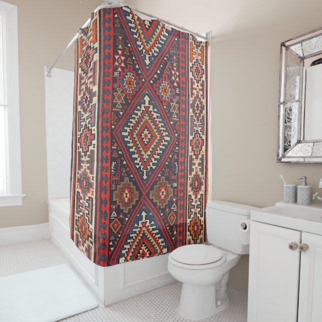 Rideaux De Douche Turquie Kilim Aztec Rouge Bleu Tan  (En situation)