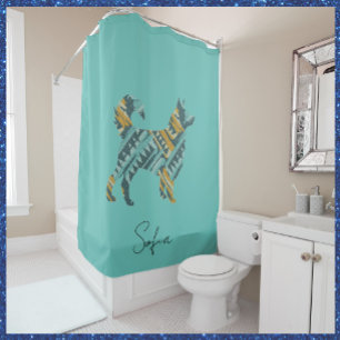 Rideaux De Douche Turquoise Abstraite et chien d'or