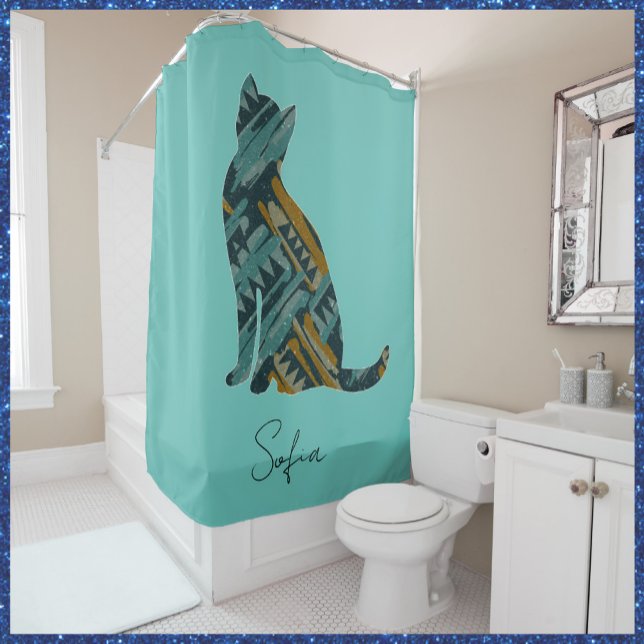 Rideaux De Douche Turquoise Abstraite et Gold Cat (Créateur téléchargé)