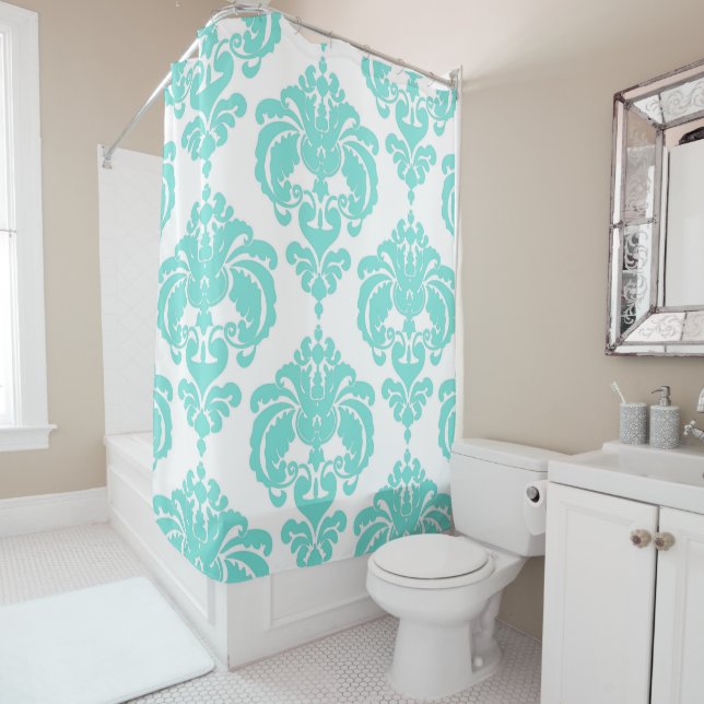 Rideaux De Douche Turquoise Aqua Blue & White Royal Glam Damas (En situation)