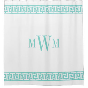 Rideaux De Douche Turquoise Aqua Clé Grecque J Bordure Monogramme