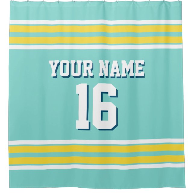 Rideaux De Douche Turquoise Aqua Jaune Blancs Sports Jersey (Devant)