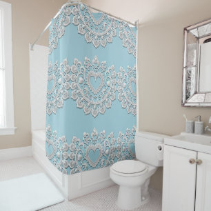Rideaux De Douche Turquoise Bleu Blanc dentelle Coeur Mariage