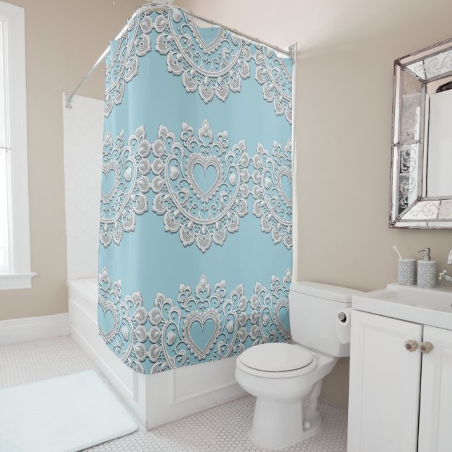 Rideaux De Douche Turquoise Bleu Blanc dentelle Coeur Mariage (En situation)