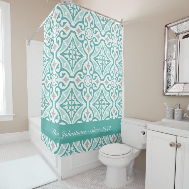 Rideaux De Douche Turquoise bleu et blanc Trellis marocain Imprimer (En situation)