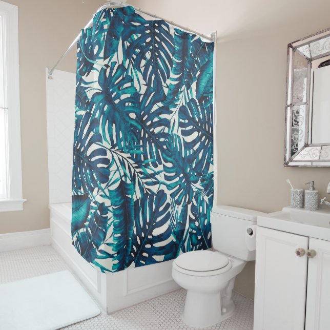 Rideaux De Douche Turquoise Cyan Green Tropical Palm Feuille Summer  (En situation)