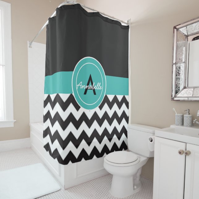Rideaux De Douche Turquoise noir Chevron (En situation)