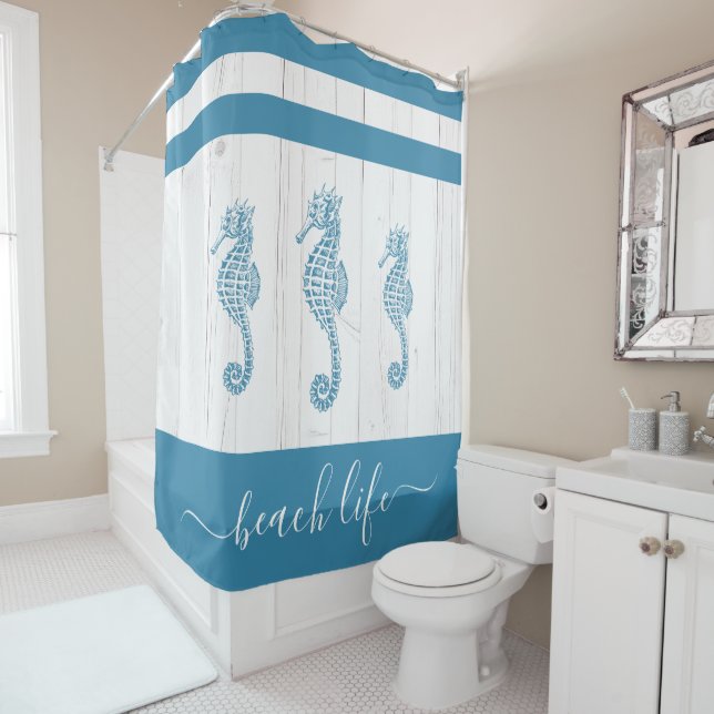 Rideaux De Douche Turquoise seahorse beach life script blanc bois ru (En situation)