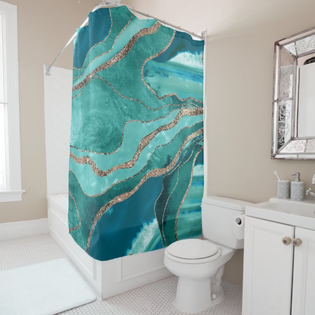 Rideaux De Douche Turquoise Turquoise marbre Agate or Parties scinti (En situation)