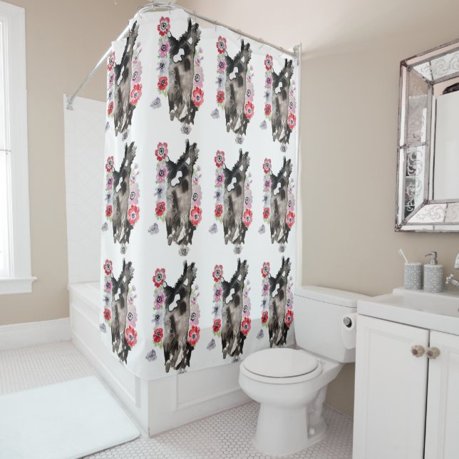 Rideaux De Douche Tuxedo Chat Cute Jolie Fleurs Chats Aquarelle (En situation)