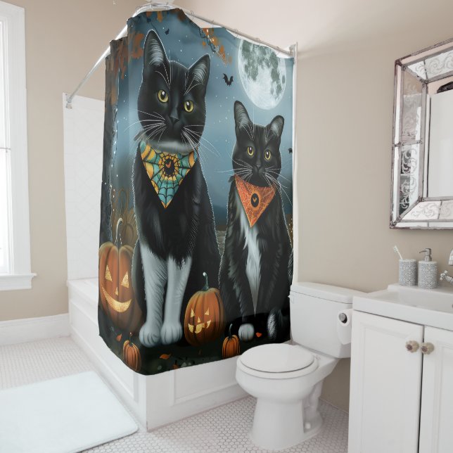 Rideaux De Douche Tuxedo Chat Halloween Éffrayant (En situation)