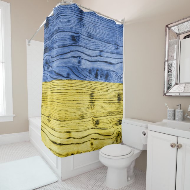 Rideaux De Douche Ukraine drapeau bleu jaune motif de texture de boi (En situation)