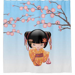 Rideaux De Douche Ume Kokeshi Poupée Japonaise Geisha Girl Blue