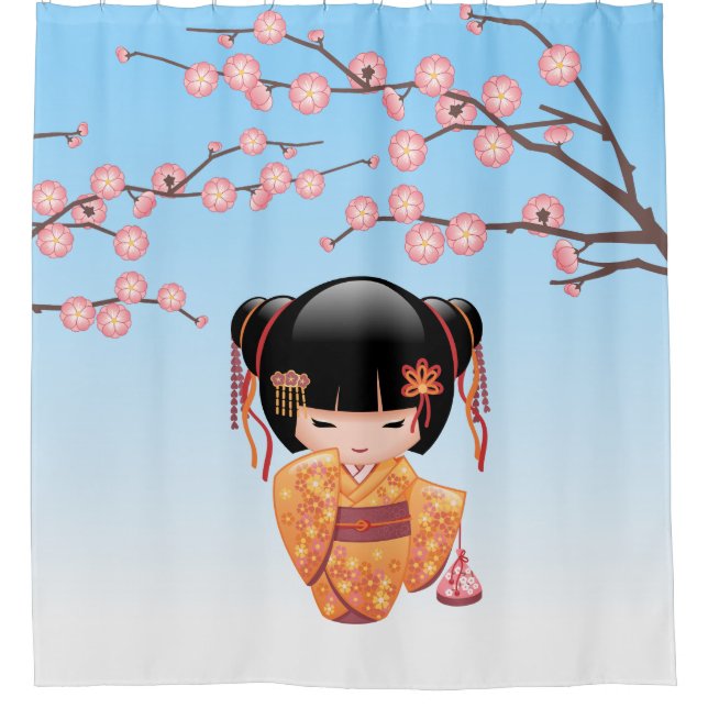 Rideaux De Douche Ume Kokeshi Poupée Japonaise Geisha Girl Blue (Devant)