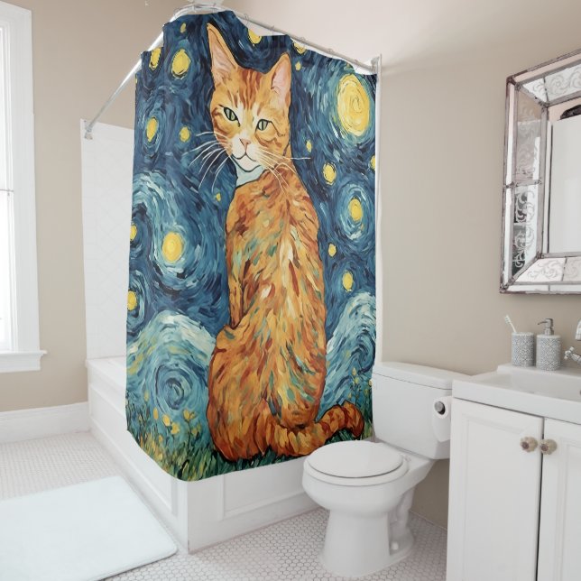 Rideaux De Douche Un chat Tabby Gingembre dans la nuit étoilée (En situation)