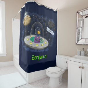 Rideaux De Douche Un joli poisson heureux dans l'espace dessin animé