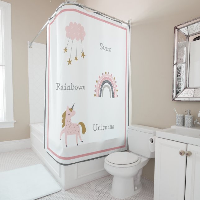 Rideaux De Douche Unicorn Rainbows Motif Boho rose (En situation)