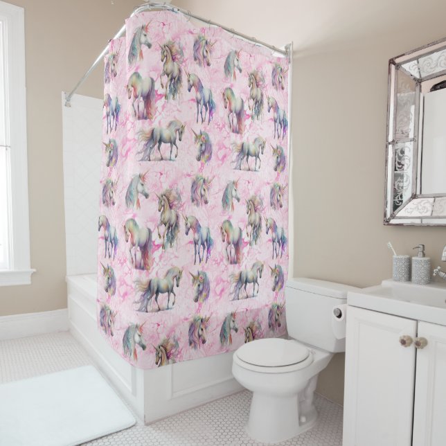 Rideaux De Douche Unicorne rose Tourbillonnant fille (En situation)